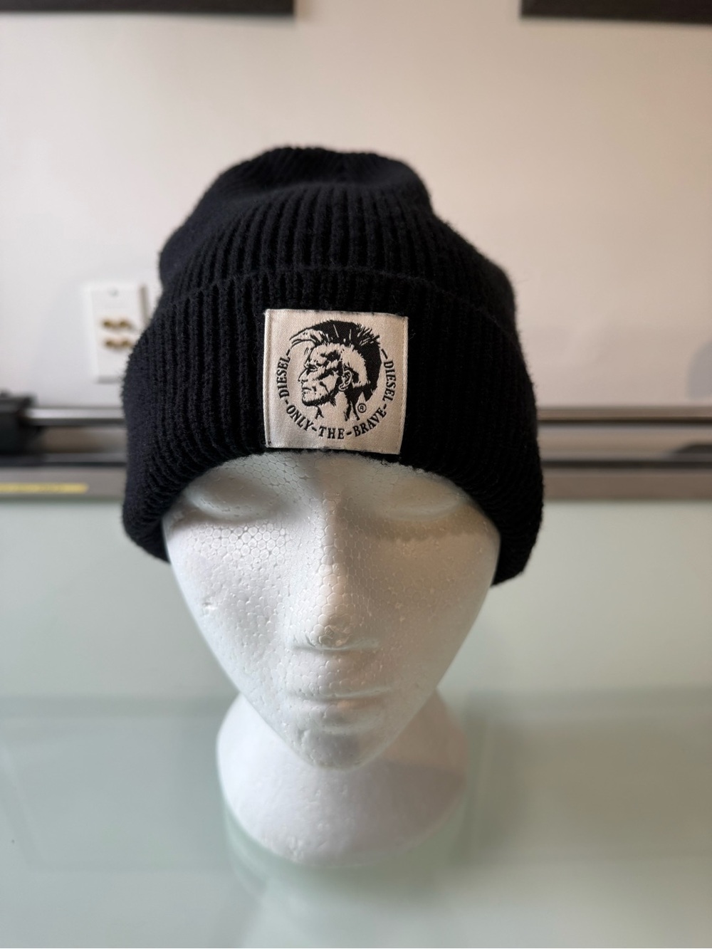 Diesel Only The Brave Mohawk Patch Ribbed Wool Cotton Beanie Toque Black UNI